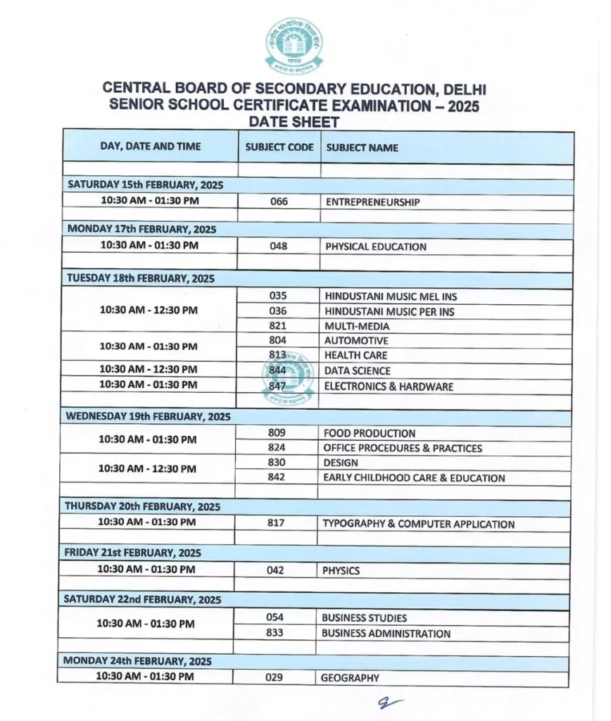 CBSE CLASS 12 DATE SHEET 2025