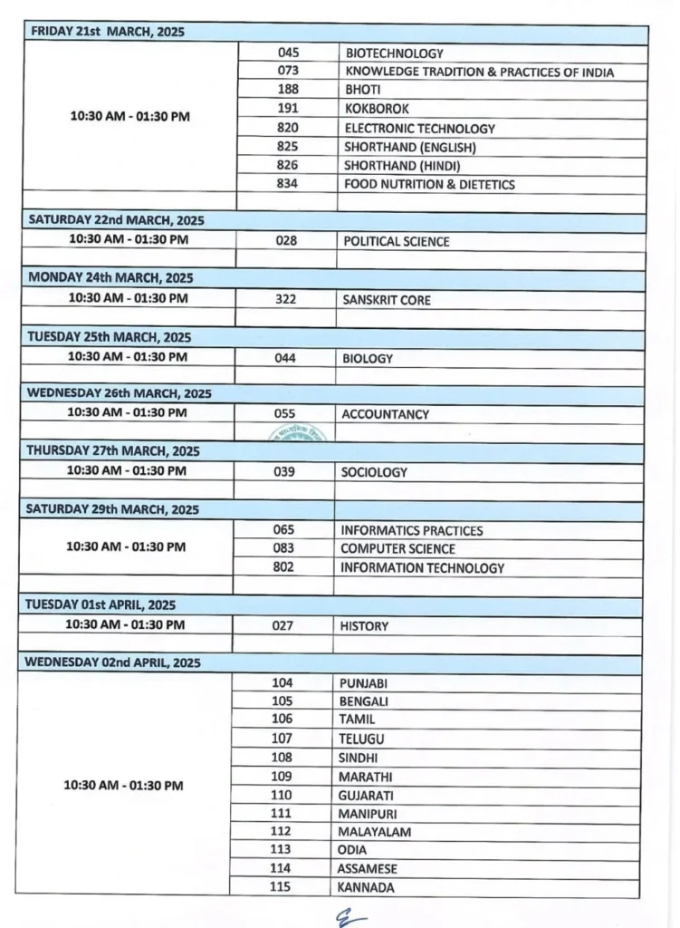 CBSE CLASS 12 DATE SHEET 2025